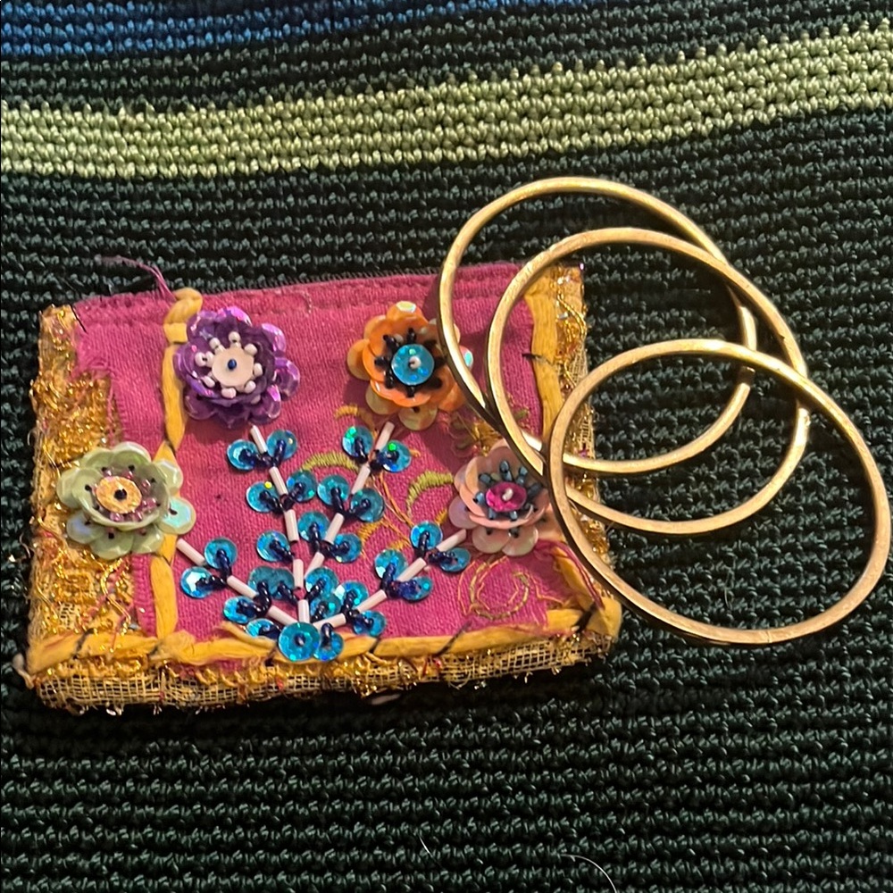 Colorful Embroidered Wallet with Gold Bangles